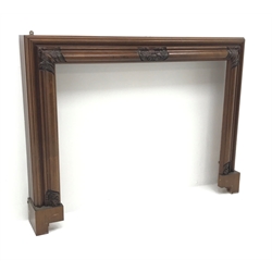 Early 20th century mahogany fire surround, moulded frame with foliage cared detailing, W145cm, H110cm, D20cm