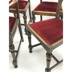 Set six (5+1) early 20th century oak dining chairs, upholstered drop in seat, turned supports joined by stretchers, W59cm