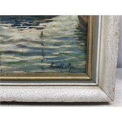 Harold Pye (Fylingdales Group mid 20th century): 'Sunrise - Bridlington Harbour', oil on board signed, titled on label verso 44cm x 54cm 