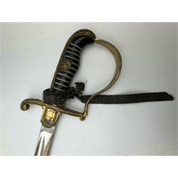 German infantry dress sword, dove head stirrup handle with black wire-bound grip cast cross guard with German eagle set into the langet, the curved 81cm single edge blade with single fuller marked Elckhorn Solingen, L93cm overall