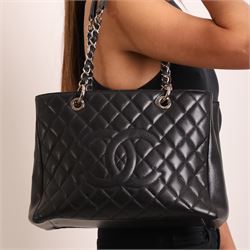 Chanel - black GST Grand Shopping Tote, caviar leather with classic diamond quilting and l...