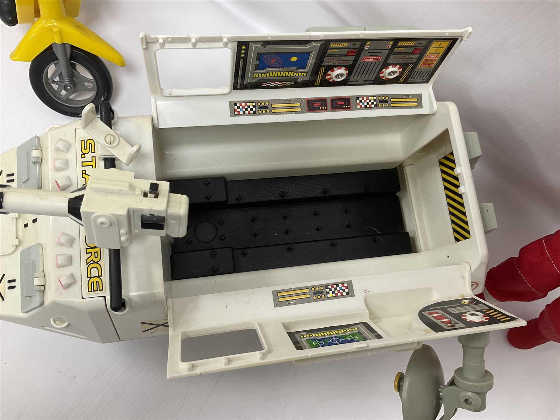 Manta Force Red Venom 1987 Bluebird Toys PLC toy plane with associated figures, with three more toy vehicles and figures comprising Lanard 1996 S.T.A.R Force Mobile Ground Support truck, Hasbro 2000 Action Man motorbike with side car, Sindy moped 