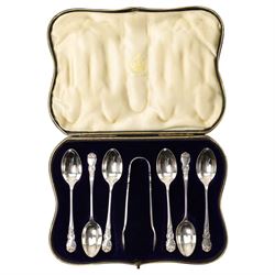 Cased set of six silver teaspoons and tongs Birmingham 1918 Maker Elkington & Co