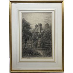 J R Hutchinson (Early 20th century): Durham Cathederal from the Weir, etching signed in pencil 48cm x 34cm