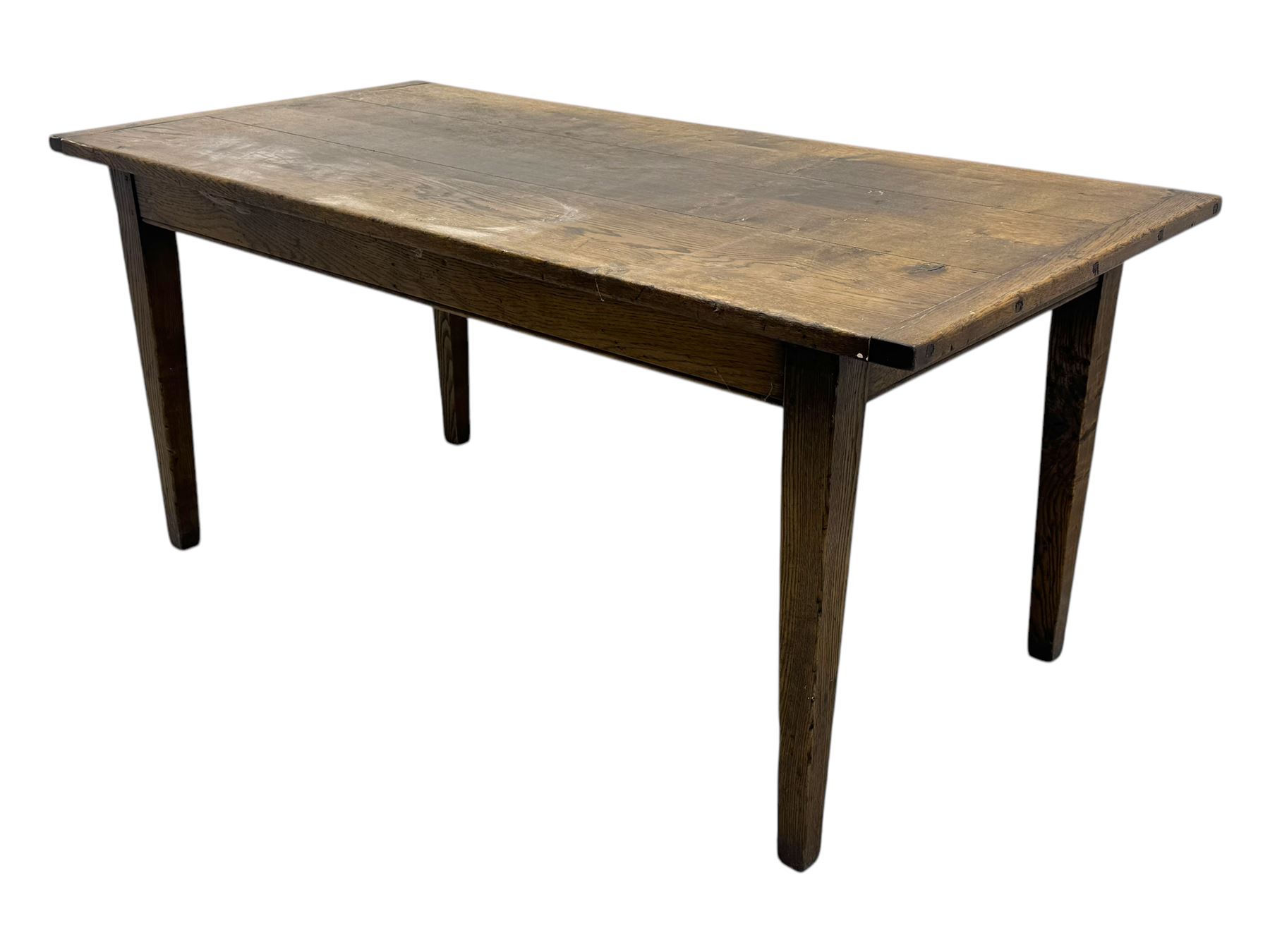 Late 20th century oak farmhouse table, rectangular plank top with breadboard ends and frieze drawer, on square tapered supports