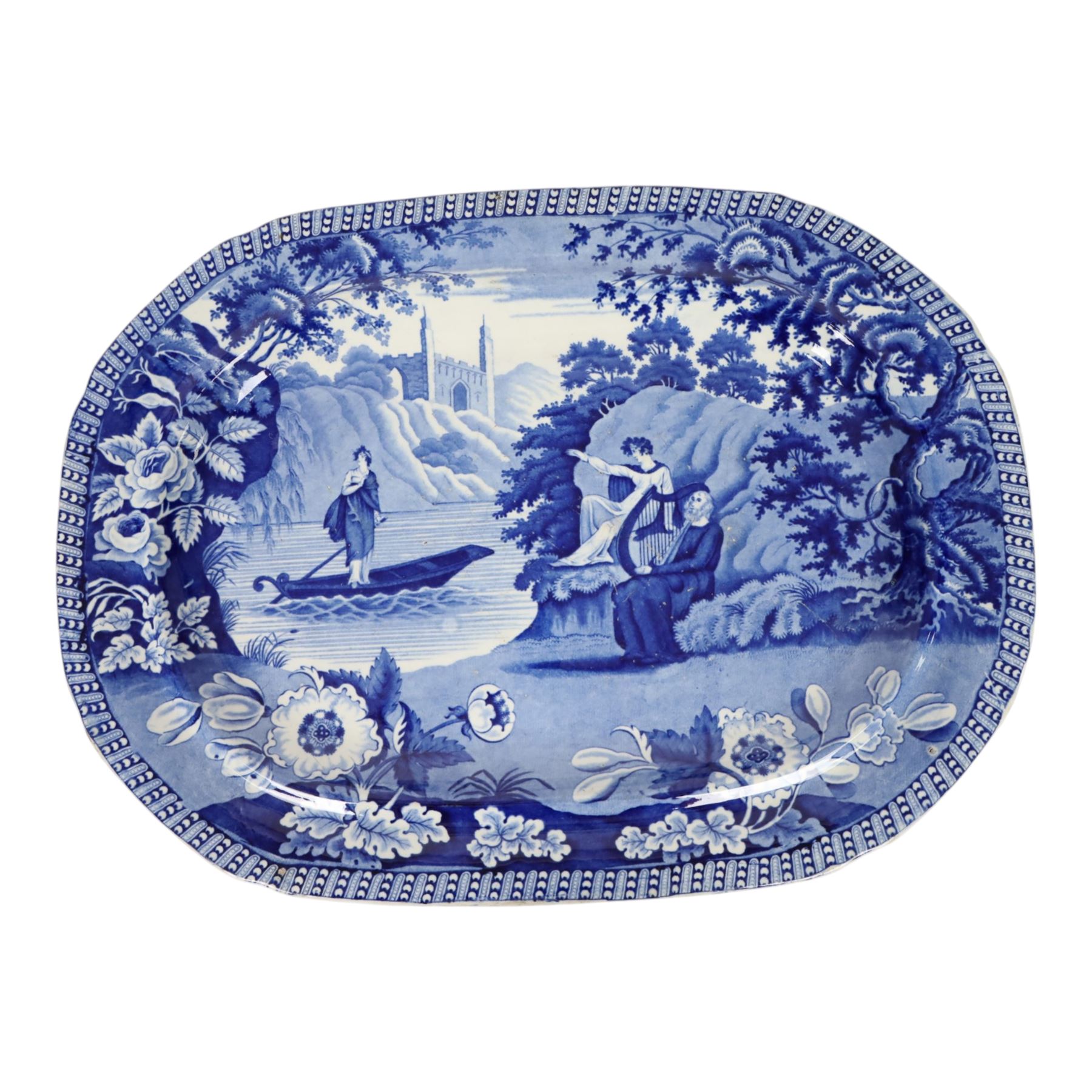 Mid 19th century Thomas and John Carey blue transfer printed earthenware meat plates, decorated in the Lady of the Lake pattern, circa 1830-1842, with printed mark beneath, W49.5cm