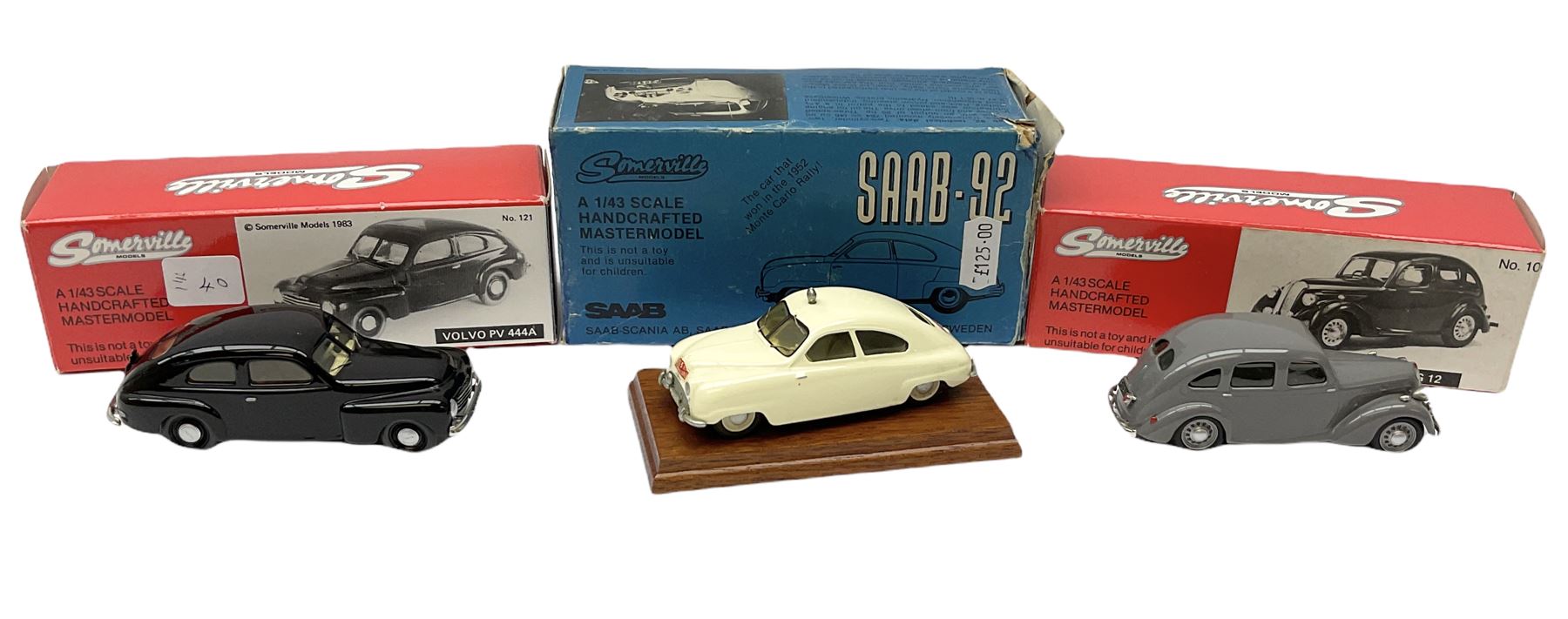 Somerville Models - three 1/43 scale Handcrafted Mastermodels comprising Saab - 92 (1950); No.121 Volvo PV 444A; and No.106 Standard Flying 12; all boxed (3)