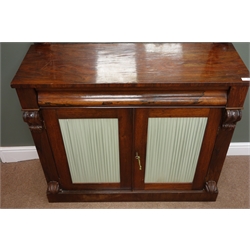  19th century rosewood Chiffonier raised mirror back, single frieze drawer above two doors with pleated fabric panels, plinth base, W108c,. H91cm, D42cm  