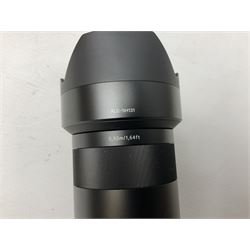 Sony Alpha 7R ILCE-7R camera serial number 3985636, with a 'Carl Zeiss Sonnar FE 1.8/55 ZA' lens, 'FE 28mm F2' lens, Sony Handycam Cyber-Shot HVL-F43M, all with original boxes, together with a Manfrotto camera bag  