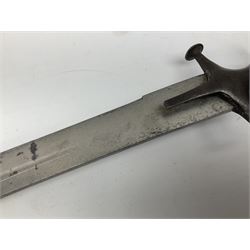 19th Century Indian Tulwar sword with 77cm single edged, slightly curved fullered blade;  steel crossguard, langets, grip and spiked disc pommel with stiff leaf decoration L90cm overall