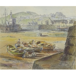 Hedley Carrington (British 20th century): Cobles in Scarborough Harbour, watercolour, pencil and charcoal signed and dated 1961, 30cm x 36cm