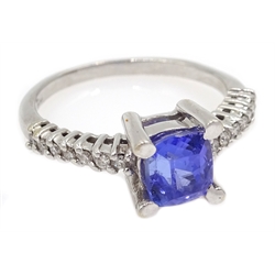  18ct white gold emerald cut tanzanite, with diamond set shoulders, stamped 750   