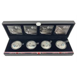 The Royal Mint United Kingdom 'Countdown to London 2012' silver proof five pound four-coin set, comprising 2009, 2010, 2011 and 2012, cased with certificates