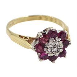 9ct gold ruby and diamond cluster ring, hallmarked