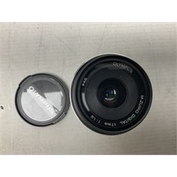 Olympus PEN-F camera body, with 'Olympus M- Zuiko Digital 25mm 1: 1.8' lens,  'Olympus M- Zuiko Digital 75-300mm 1: 4.8 - 6.7' lens and  'Olympus M- Zuiko Digital 17mm 1: 1.8' lens, with original box, together with Lowepro camera bag