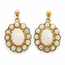 Pair of 9ct gold opal pendant earrings, each stud set with a cluster of oval cut and round...