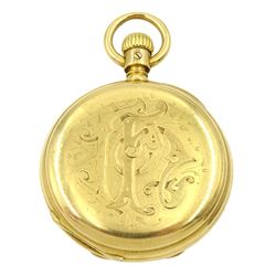 18ct gold half hunter keyless lever fob watch, No. 12721, white enamel dial with Roman numerals, the movement engraved Bright & Sons Scarborough, the back case with engraved initials, stamped 18