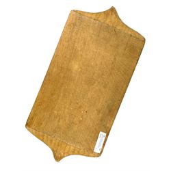 'Gnomeman' tooled oak twin handle rectangular tray, carved in relief with two gnomes, by Thomas Whittaker of Littlebeck 