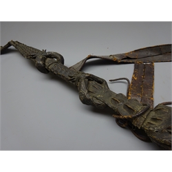 Sudanese Kaskara Sword, 74cm broad double edged part fullered blade engraved with opposing moons, crocodile skin bound wooden grip and iron cross guard, in full crocodile skin covered scabbard, L115cm max  