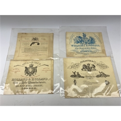 Brass and tin powder magazine by B.E. Chaplin of conical form with glazed see-through nozzle H27cm; eight reprinted gun case labels for Holland & Holland, Thomas Jackson & Son, William Ling, Watson & Hancock, Williams & Powell etc; and quantity of empty cartridge boxes and pellet tins
