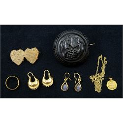22ct gold wedding band, two pairs of 9ct gold earrings, 9ct gold St Christopher's pendant necklace, all stamped, hallmarked or tested and two Victorian brooches