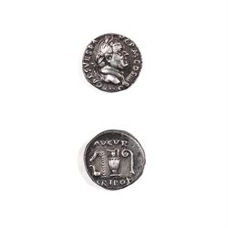 Roman Empire - Vespasian (AD 69-79): Silver Denarius coin, obverse laureate head of Vespas...