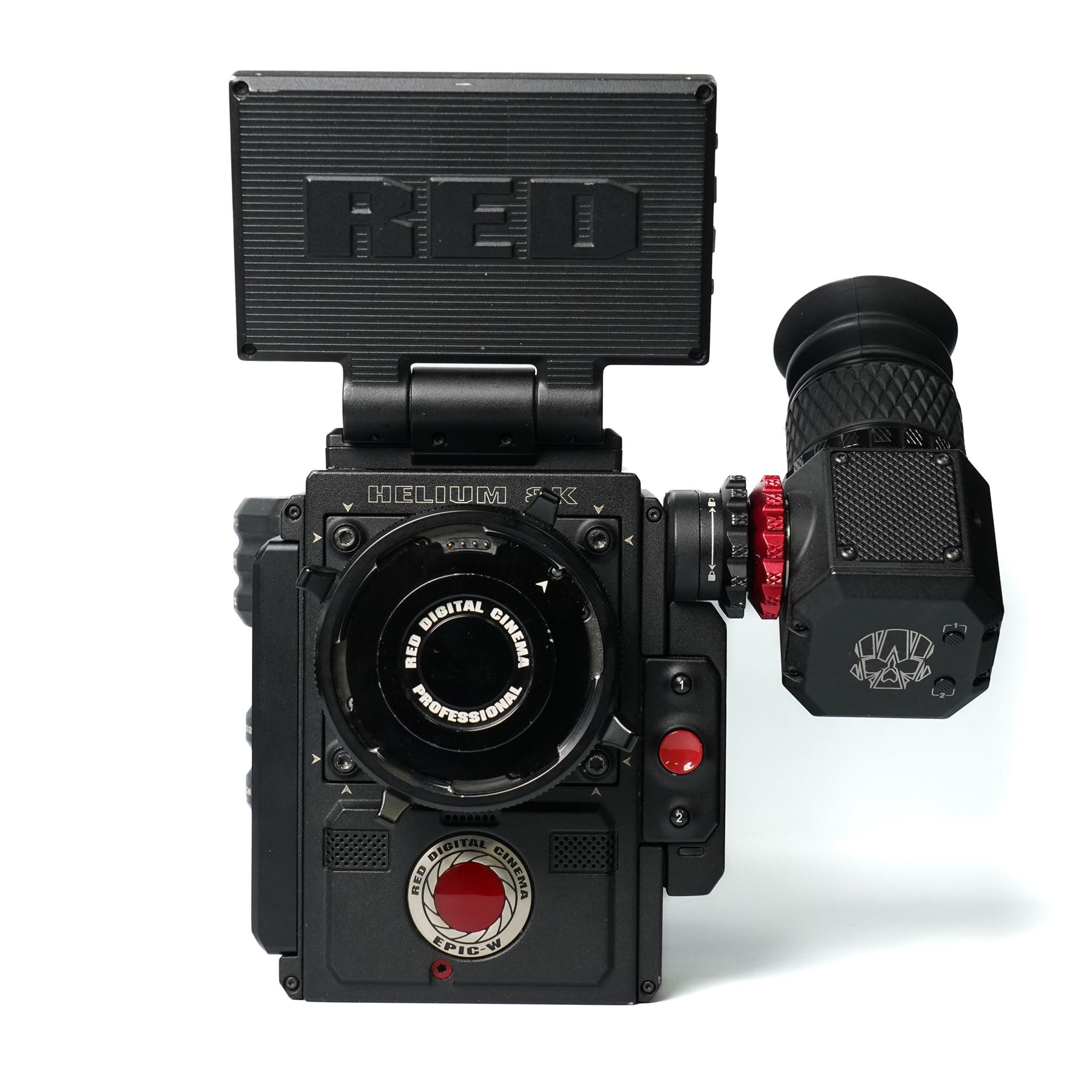 RED Epic-W Helium 8K camera body serial no. 13024E6A9, with RED EVF, three RED Mini Mag 512GB cards, one 480 Mini Mag card and reader, two RED V-Mount batteries and charger, RED top handle, Wooden Camera Easy Top top plate and one other top plate, various accessory cables, Wooden Camera bridge plate for 19mm studio rods, 12 inch Wooden Camera Dovetail plate and four 19mm studio rods to include two 380mm and two 610mm, with original Epic-W camera box and contained within a custom cut flight case