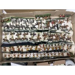 Painted metal wargame figures - over four hundred including Normans and Saxons, Romans, British Tribes etc; together with a quantity of part-painted and unpainted figures, battlefield weapons and accessories etc; average size 25mm