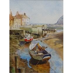  Brian Richard Entwistle (British 1939-): Looking out to Sea, watercolour signed, 'The Beck Staithes' watercolour signed, 'Alnmouth Harbour' watercolour by Alice Hewitt signed and titled verso and Harbour Scene, oil signed max 36cm x 44cm (4)  