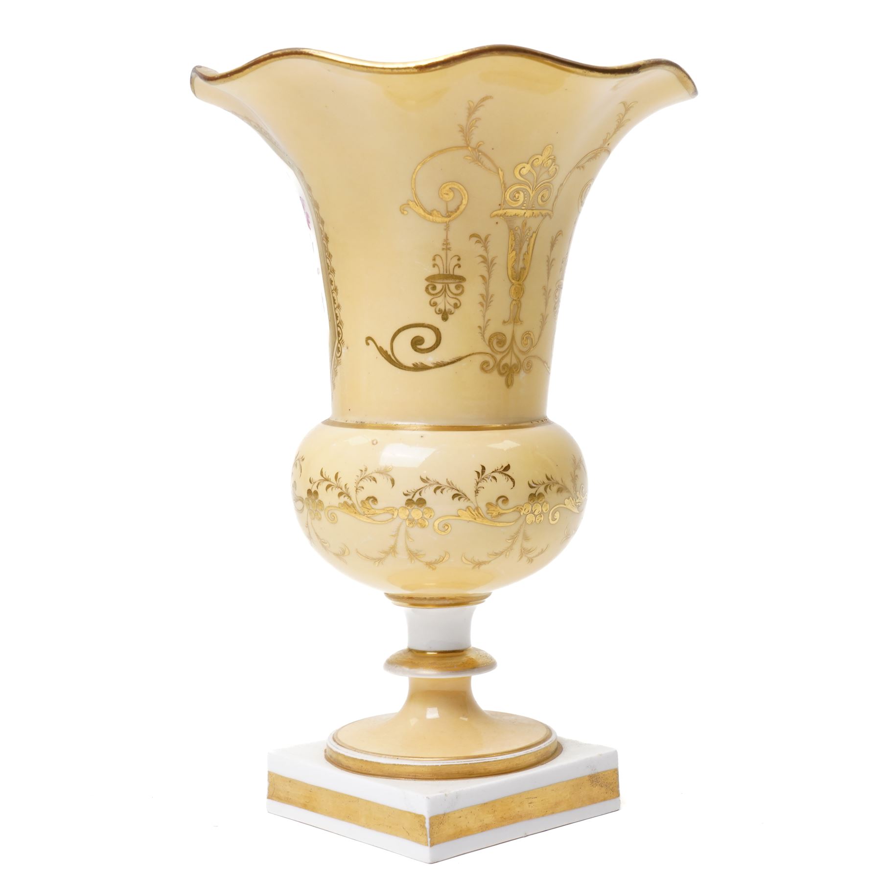 Large 19th vase with painted panel of flowers on a cream ground, in the manner of Coalport but unmarked, H27cm 