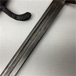 WWI Prussian S98 bayonet with 52cm fullered steel blade dated 1906 to pipeback and marked Solingen to ricasso, regimentally stamped to cross guard 56.R.11.2. for 56 Infanterie Regiment, 11 Kompanie, Waffe 2, L65cm overall; and another in battlefield relic condition (2)