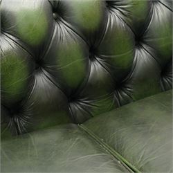 Thomas Lloyd - two-seat hardwood-frame Chesterfield sofa, traditional rolled back and arms upholstered in deeply buttoned green leather, on turned bun feet 