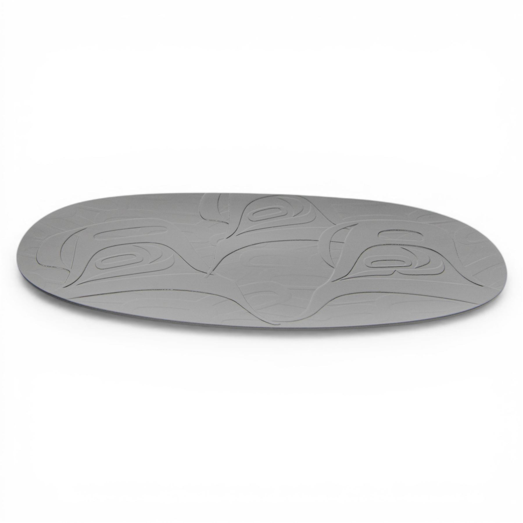 Sea to Sky recycled black glass platter by Corrine Hunt, together with  blue striped platter by Jane Charles and long blue banded bowl