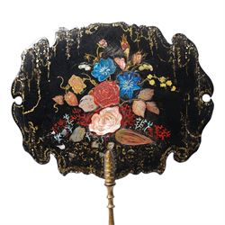 Pair of Victorian lacquered papier mache face screens, with inlaid mother of pearl decoration and painted with flowers, H39cm 