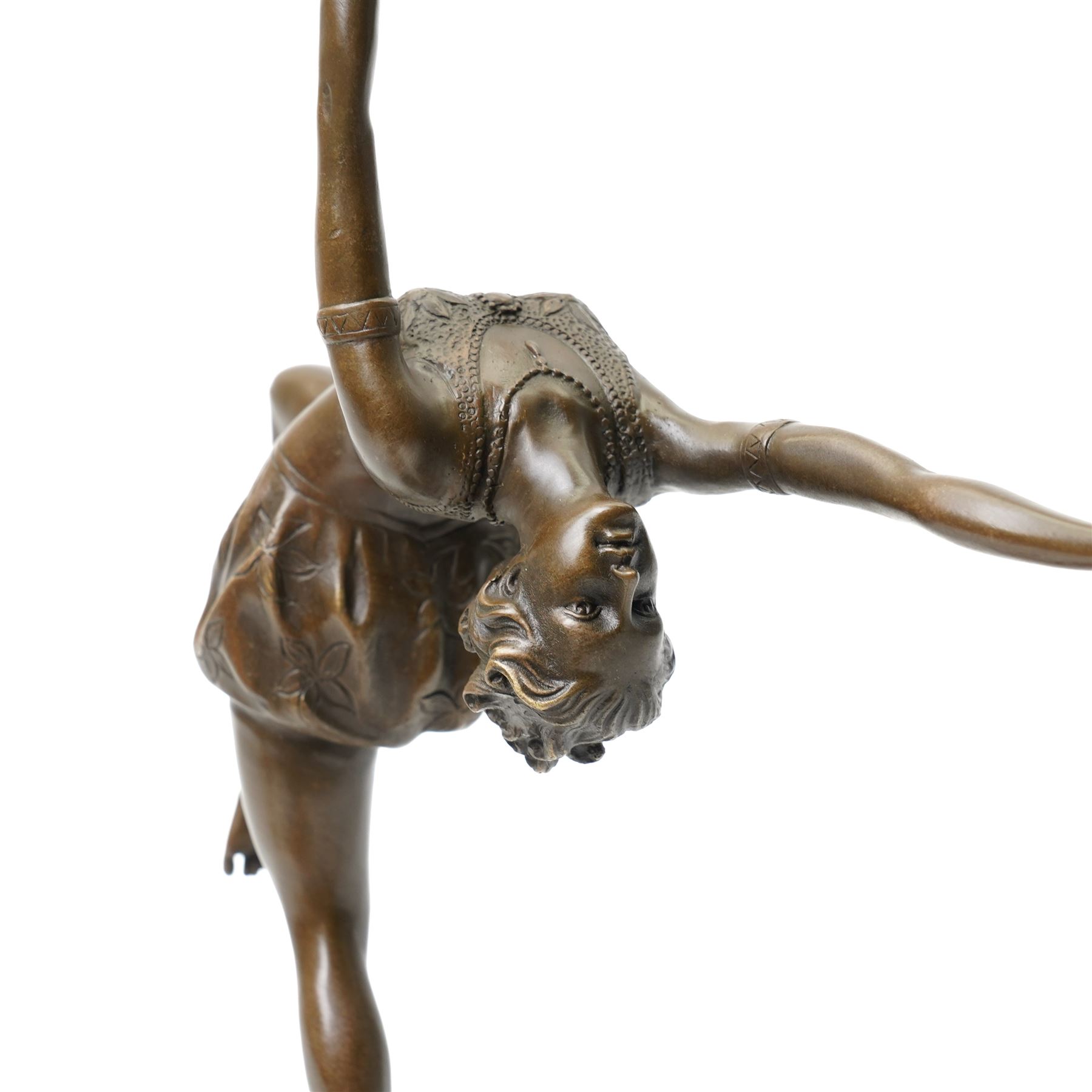 Art Deco style bronze figure of a female dancing with flame torches, raised upon marble socle base, signed F. Paris, H43cm