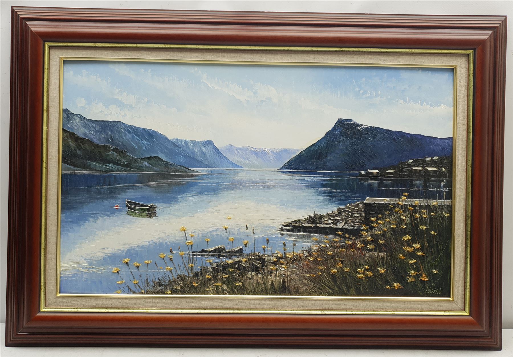 Dallas K Taylor (British 1941-2011): 'Lusterfjord', oil on canvas signed, titled and dated 1993 verso together with After Dawn Matthews (British contemporary): 'Druids Loch', limited edition screen print signed titled and numbered 85/150 max 44cm x 75cm (2)