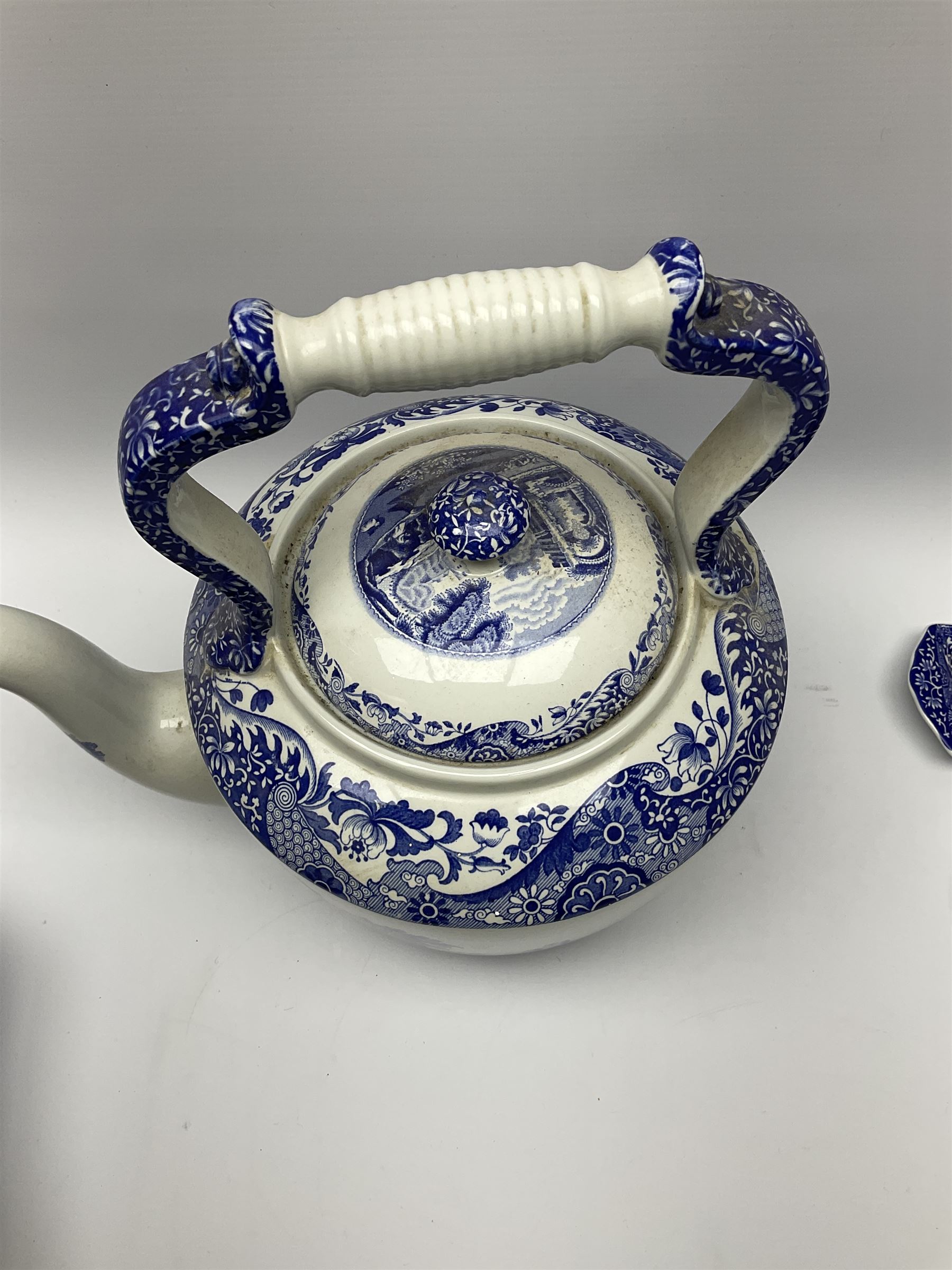 A large Spode blue and white Italian pattern novelty teapot, H33cm, with black printed mark beneath, together with a selection of other Spode blue and white Italian pattern wares. 