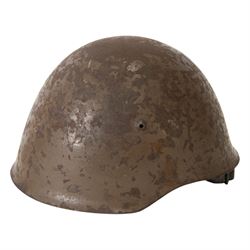 WWII Indian Army steel helmet, with chinstrap, together with Portuguese M30 steel helmet with liner and leather chin strap 