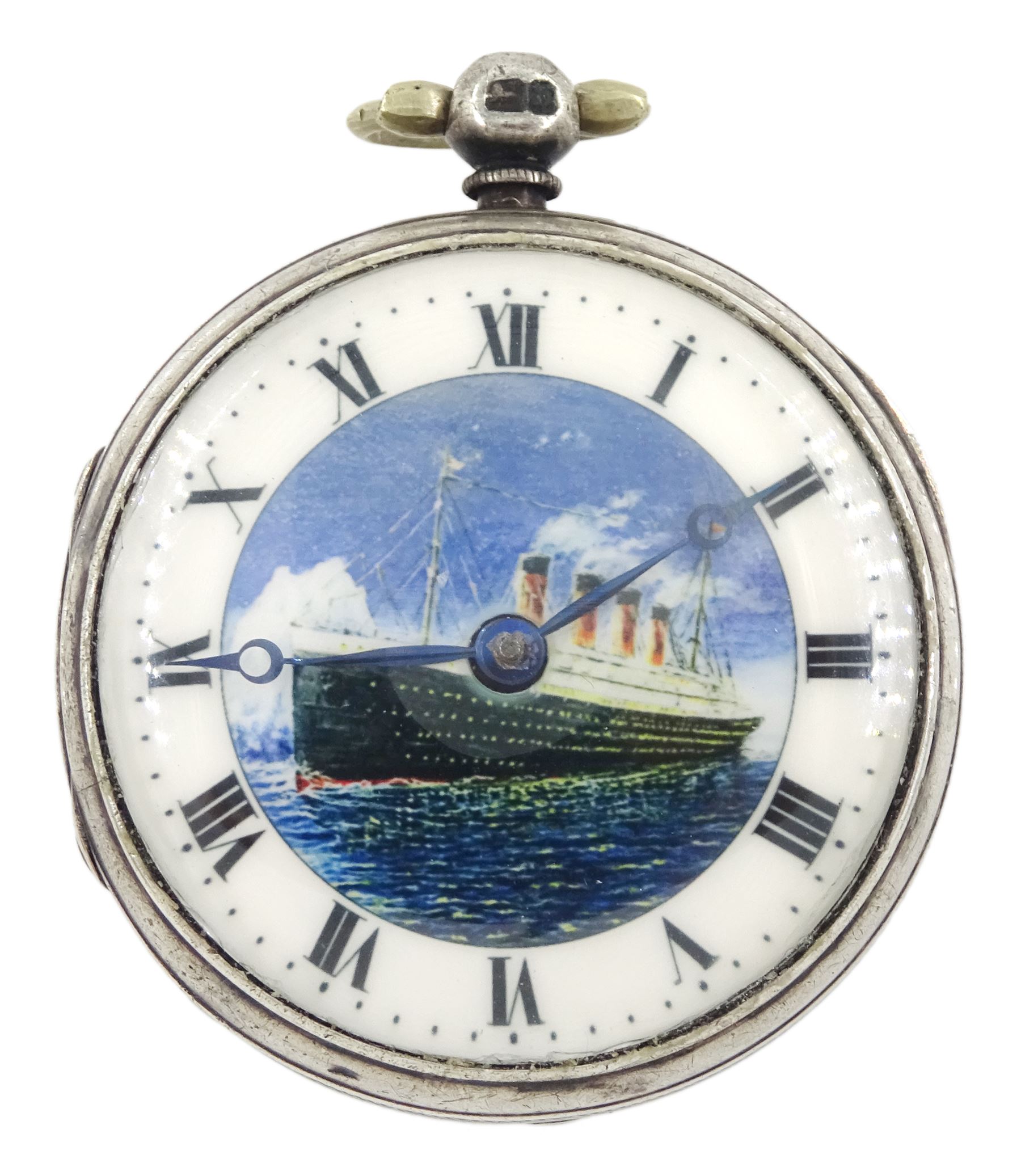 Victorian silver open face fusee lever pocket watch by J. Kelway, London, later enamel dial possibly depicting RMS Titanic, case by Joseph Sharpe, London 1861