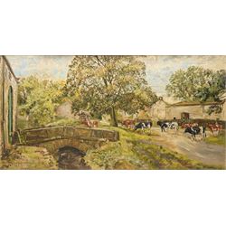 Thomas Leslie Kerkham (Yorkshire 1918-1986): Cows Roaming Over a Bridge - Dales, oil on ca...