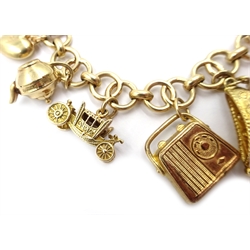  9ct gold bracelet stamped 9.375, with thirteen 9ct gold charms all hallmarked or stamped 375, approx 27.5gm  