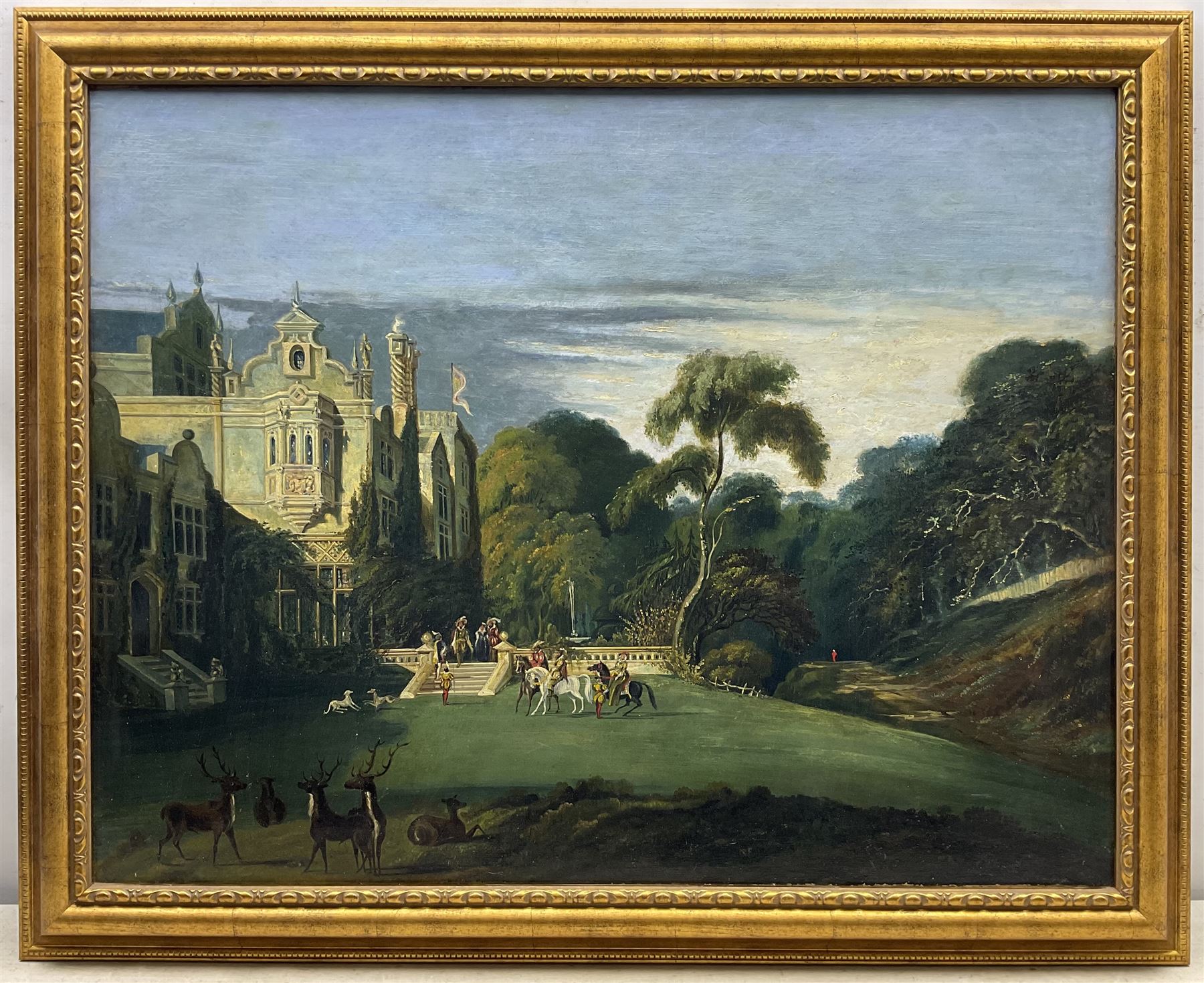 English School (19th century): The Regency Hunting Party outside a Jacobean Manor, oil on canvas unsigned 70cm x 90cm 
Notes: the manor's composition appears to be copied from Samuel Reed's 'Prodigal Son' 