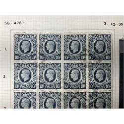 Queen Victoria and later Great British stamps, including five shillings, three pence block of four, block of twenty King George VI used ten shillings dark blue etc