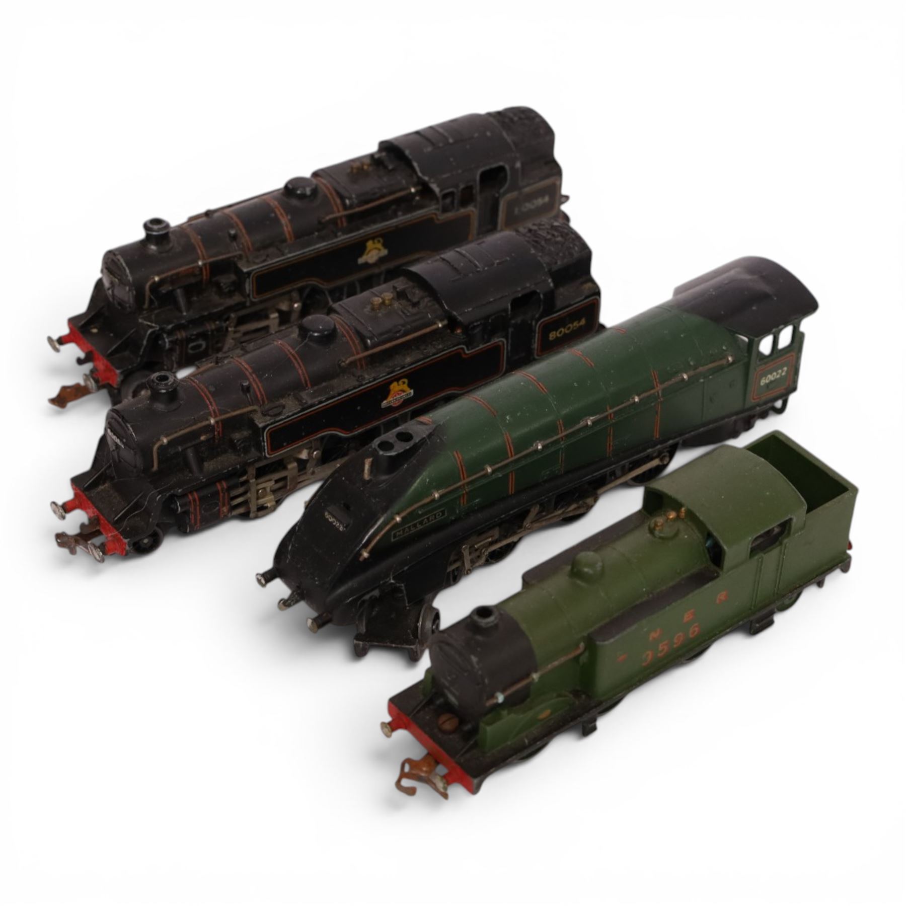 Ten Hornby Dublo three-rail locomotives, including EDLT20 locomotive and tender 'Bristol Castle', EDL12 locomotive 'Duchess of Montrose' and a Bo-Bo Diesel Electric locomotive, three in original striped boxes