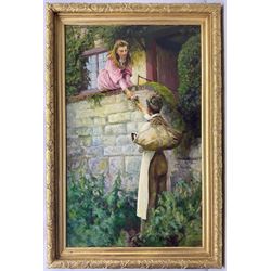 William Gunning King (British 1859-1940): 'June Roses', oil on canvas signed 105cm x 65cm
Provenance: private local collection, purchased Christie's 8th June 1989, Lot 58 (titled 'Lovers' Tryst'); exh. Royal Academy 1893 No.240 