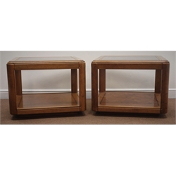  Pair square lamp tables with inset glass tops and undertiers, 70cm x 70cm, H53cm  
