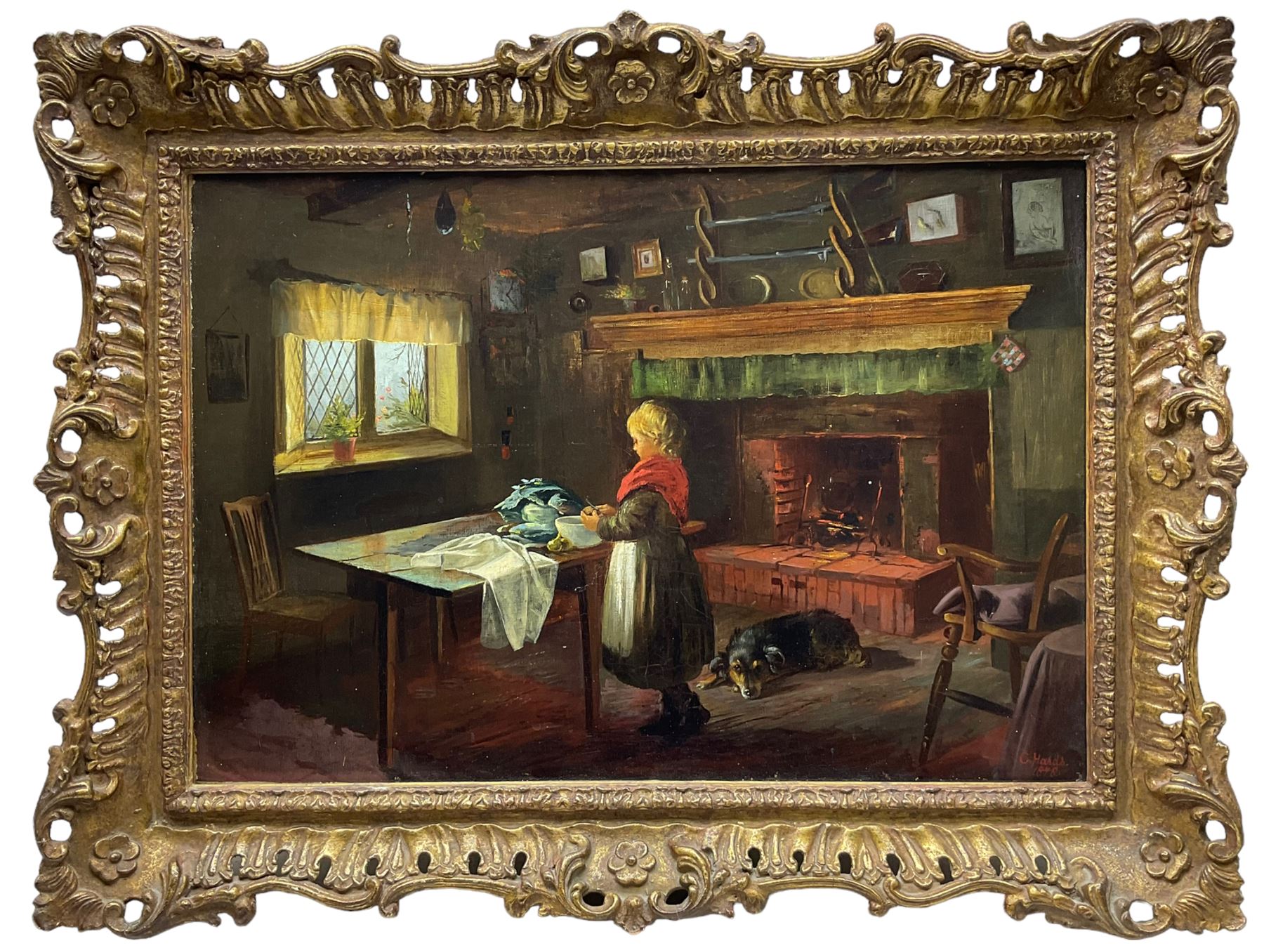 Charles G Hards (British ex.1883-1898): The Young Kitchen Assistant and Companion, oil on canvas signed and dated 1878, 37vm x 54cm