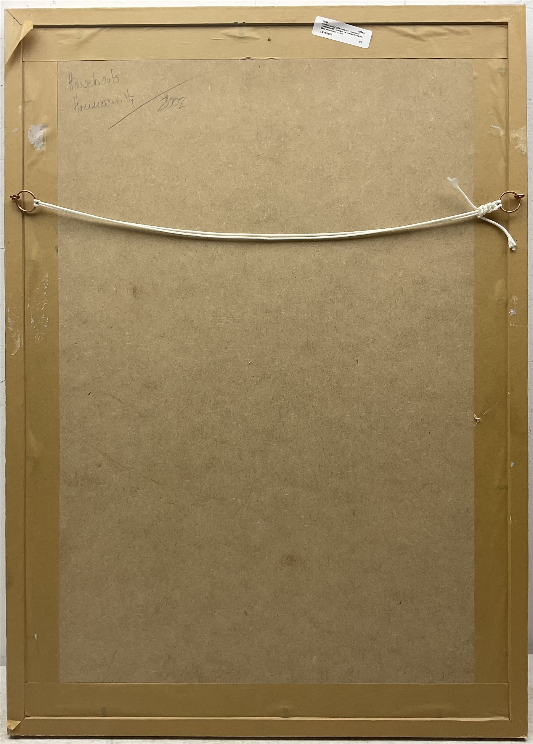 English School (20th century): 'Houseboat Hammersmith' - London, oil indistinctly signed, titled and dated 2002 verso 64cm x 44cm