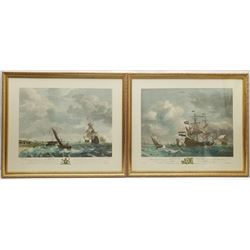 After Willem van de Velde II (Dutch 1633-1707): 'A Brisk Gale' and 'A Moderate Gale', pair 20th century lithographs 43cm x 53cm (2)