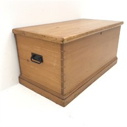 Victorian pine chest, hinged lid, two metal carrying handles, W104cm, H50cm, D54cm